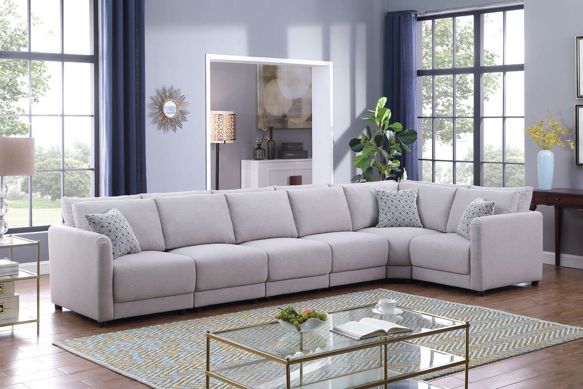 Penelope 145.5" Light Gray Linen Fabric Reversible 6Pc Modular Sectional Sofa With Pillows Light Gray Linen