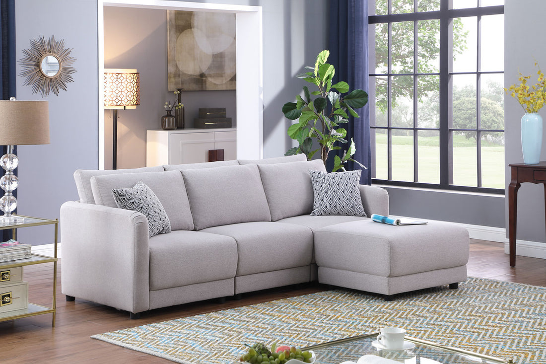 Penelope 85.5" Light Gray Linen Fabric Sofa With Ottoman And Pillows Light Gray Linen