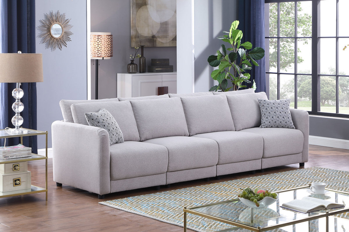 Penelope 111" Light Gray Linen Fabric 4 Seater Sofa With Pillows Light Gray Linen