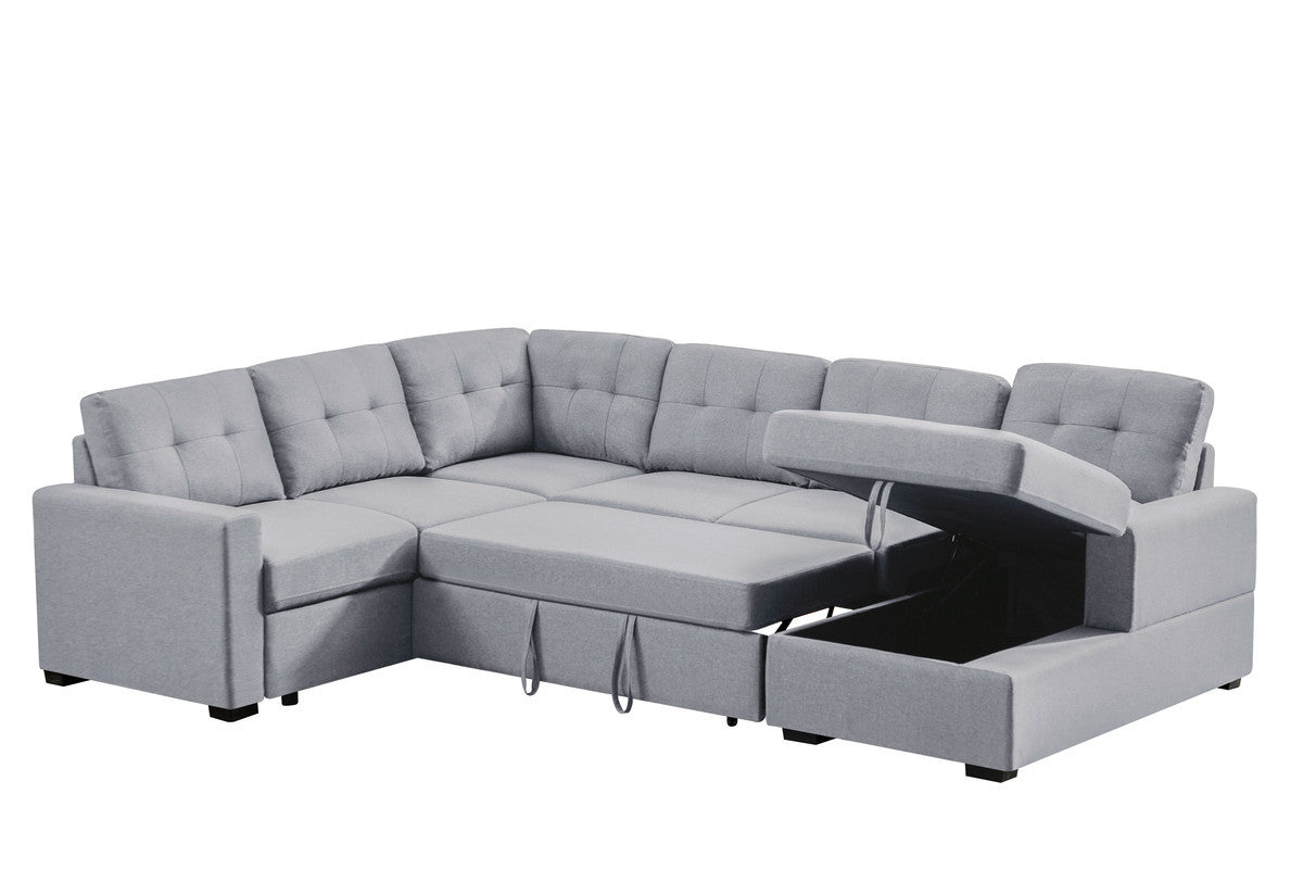 Selene 115.5" Light Gray Linen Fabric Sleeper Sectional Sofa With Storage Chaise Light Gray Linen