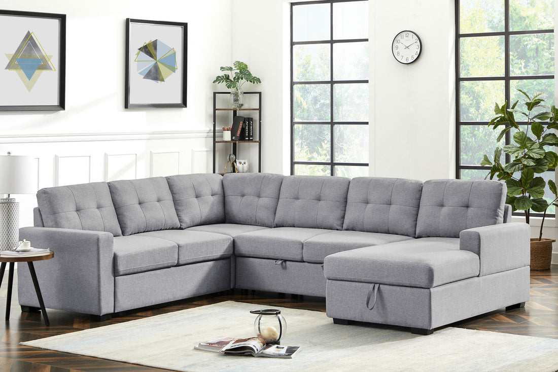 Selene 115.5" Light Gray Linen Fabric Sleeper Sectional Sofa With Storage Chaise Light Gray Linen