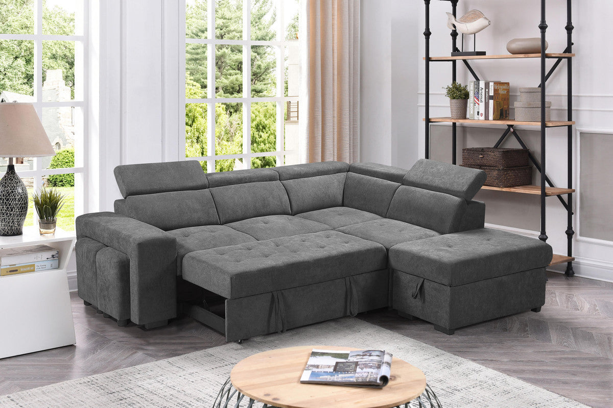 Henrik 97" Light Gray Sleeper Sectional Sofa With Storage Ottoman And 2 Stools Light Gray Fabric