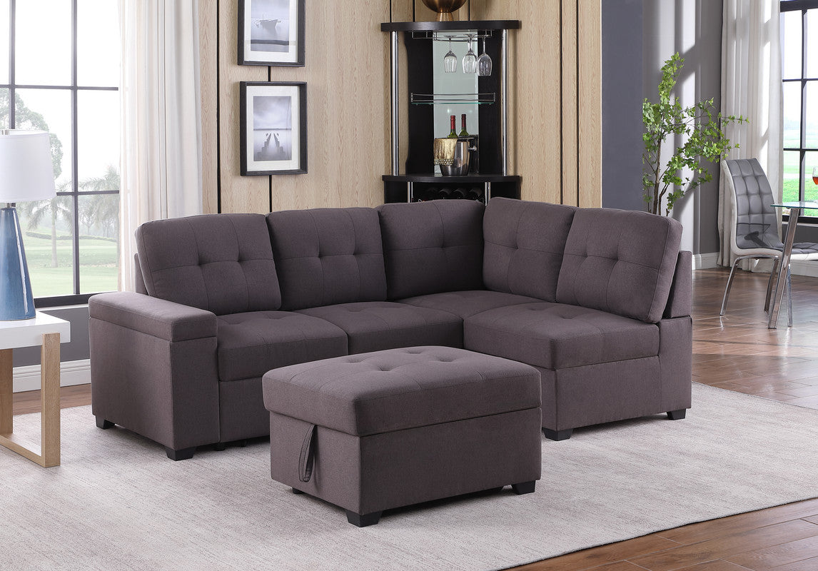 Katie 87.75" Brown Linen Sleeper Sectional Sofa With Storage Ottoman, Storage Arm Brown Linen