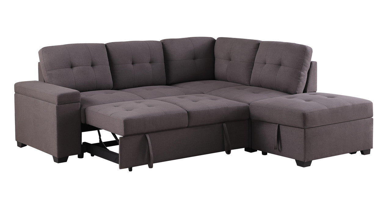 Katie 87.75" Brown Linen Sleeper Sectional Sofa With Storage Ottoman, Storage Arm Brown Linen