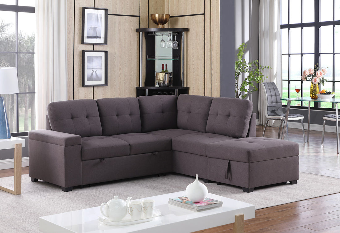 Katie 87.75" Brown Linen Sleeper Sectional Sofa With Storage Ottoman, Storage Arm Brown Linen