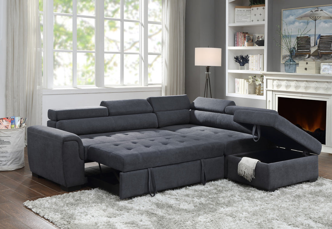 Haris 97" Dark Gray Fabric Sleeper Sofa Sectional With Adjustable Headrest And Storage Ottoman Dark Gray Fabric