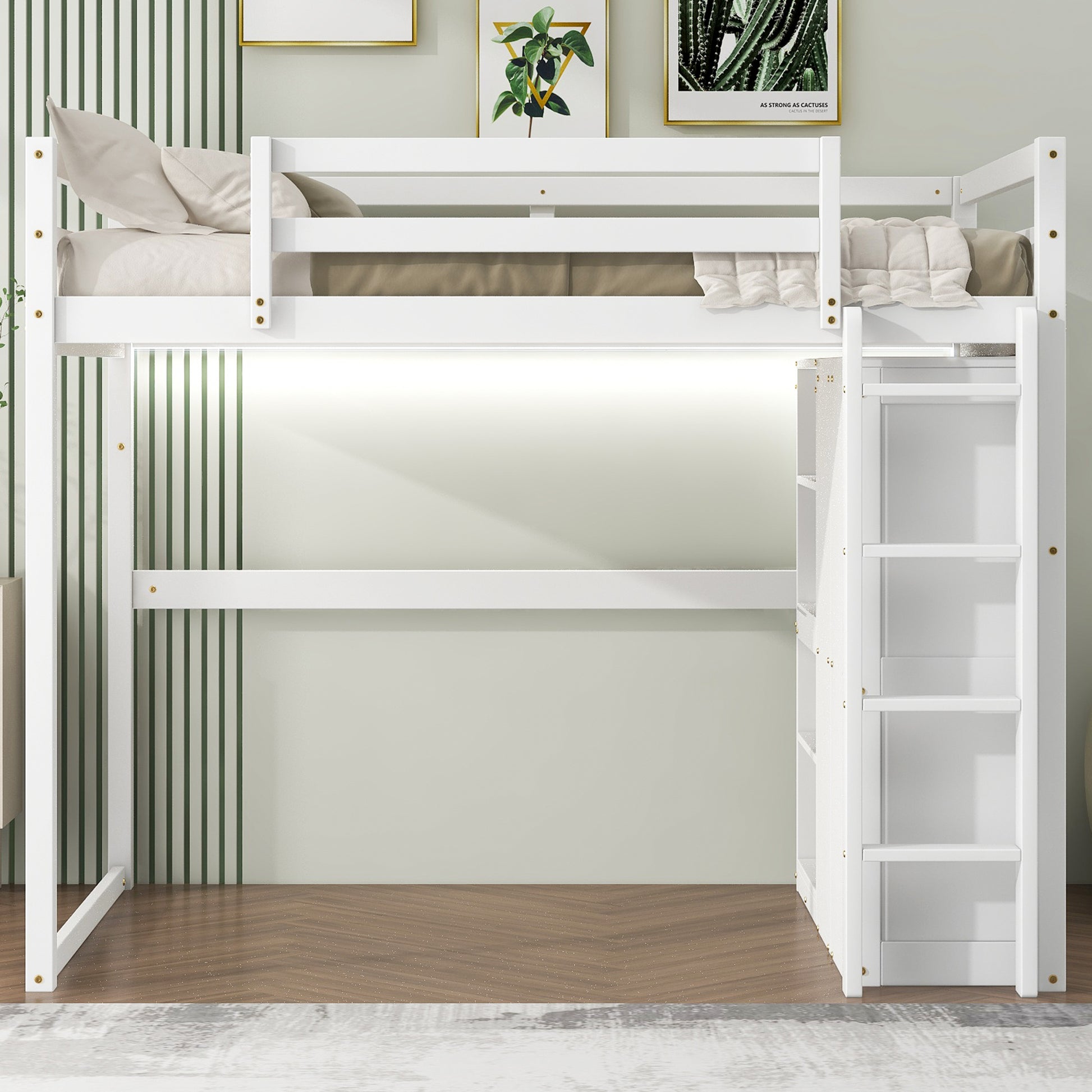 Wood Full Size Loft Bed With Built In Wardrobe And Storage Shelves, Led Light, White Box Spring Not Required Full White Wood Bedroom Bed Frame Solid Wood Mdf