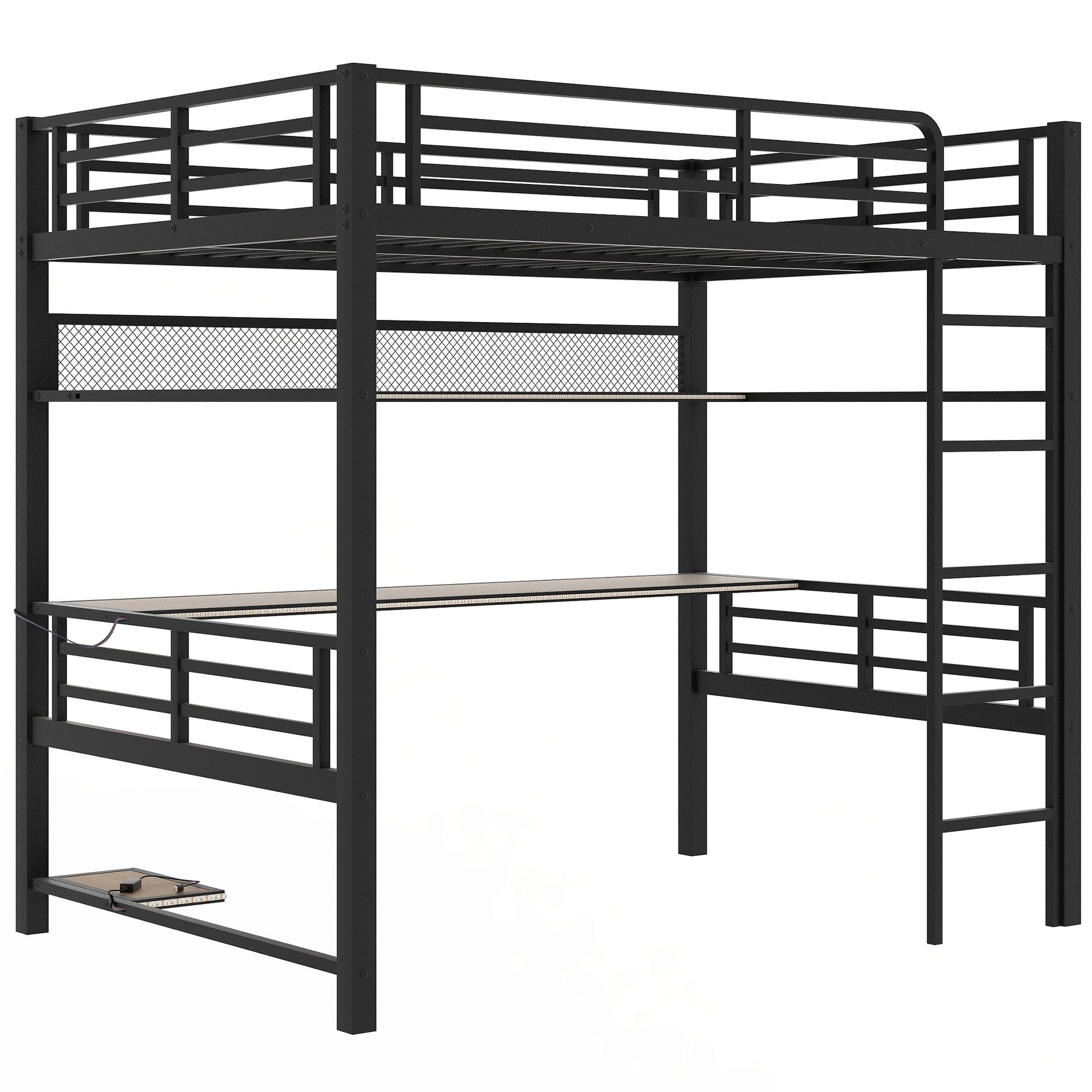 Full Size Metal Loft Bed Frame With Storage Shelf And Led Light,Iron Mesh,Black Black Metal