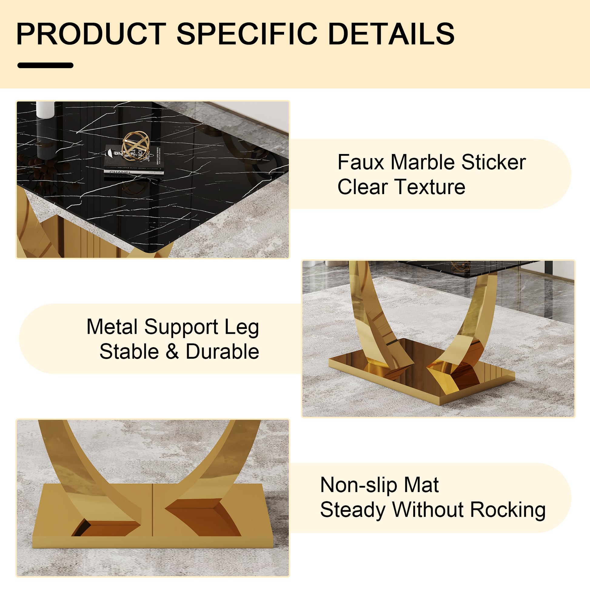 Table And Chair Set.Modern Rectangular Dining Table With Black Textured Stickers Glass Tabletop And Gold Plated Metal Legs.Paried With 6 Comfortable Chairs With Pu Seats And Black Metal Legs. Black Gold,Light Gray Seats 6 Glass Metal