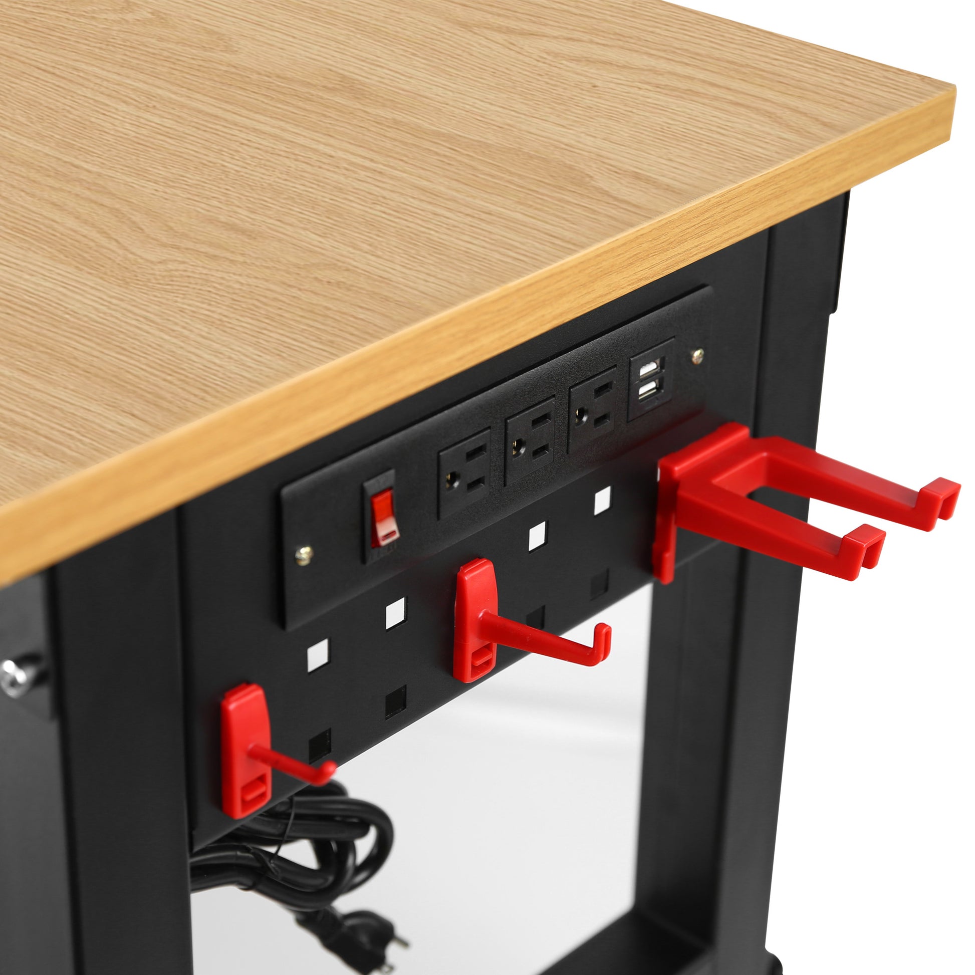 48 "Adjustable Workbench With Power Outlet, Heavy Duty Load Capacity Hardwood Workbench Suitable For Workshop, Office, Garage, Home Black Steel