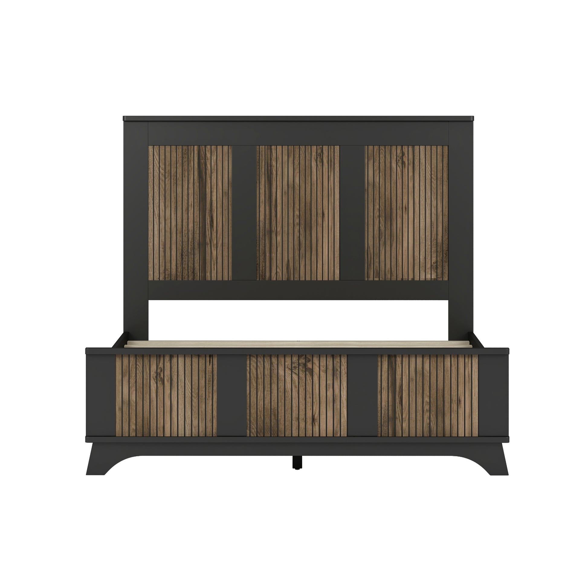 4 Pieces Bedroom Sets, Full Size Farmhouse Platform Bed With Wooden Strip Decoration, Storage Nightstand And Dresser With Metal Handle, Black Full Black 4 Piece Set Particle Board