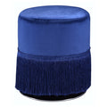 Midnight Blue Round Ottoman With Fringe Blue Velvet Primary Living Space Backless Solid Blue Round Armless Velvet