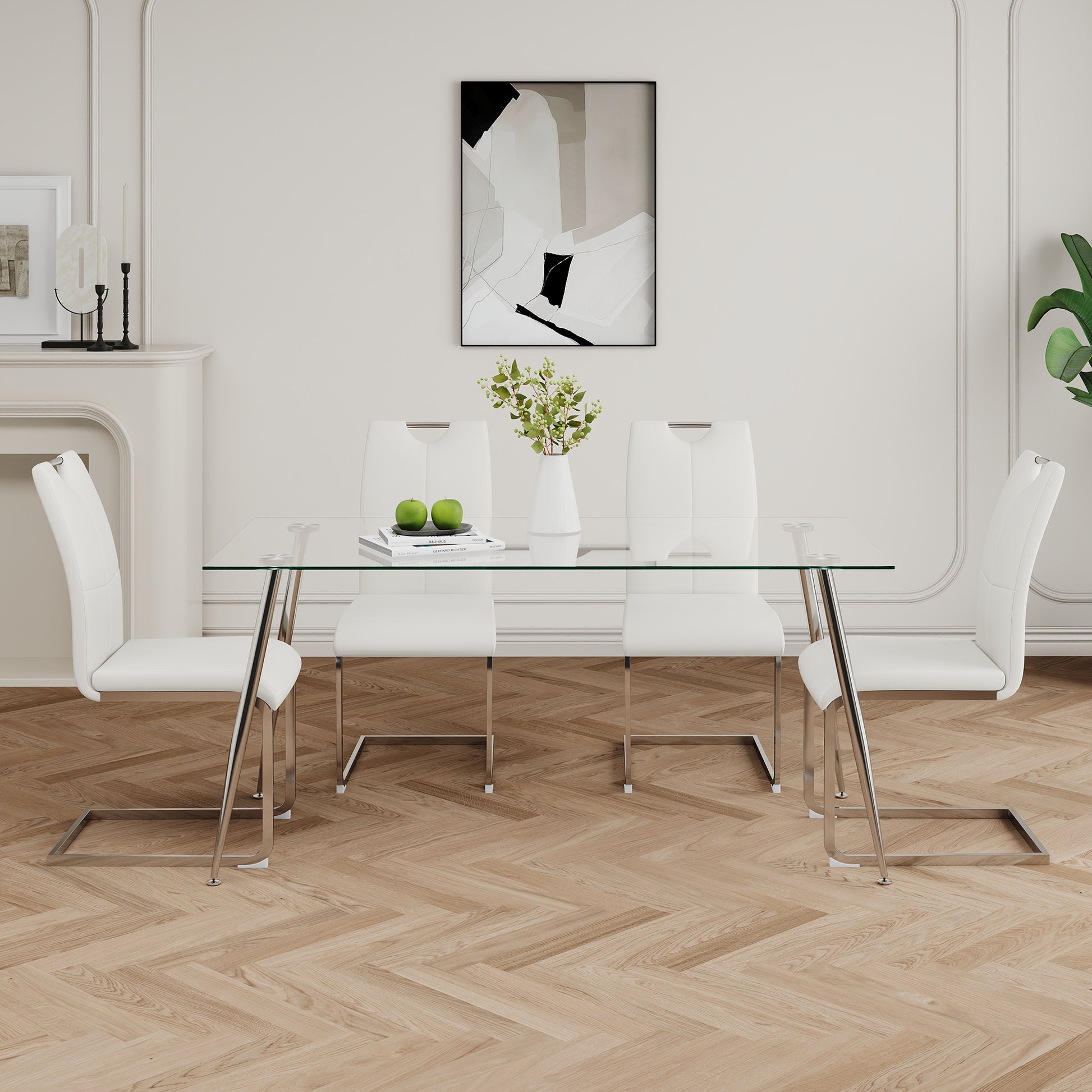 Modern Simple Rectangular Glass Dining Table, Solid Tempered Glass Tabletop, Electroplated Table Legs, White Pu Dining Chair Set, Suitable For Restaurant Kitchen Use Set Of 5 Upholstered Chair Glass White Pu Seats 4 Metal Rectangular Dining Table With