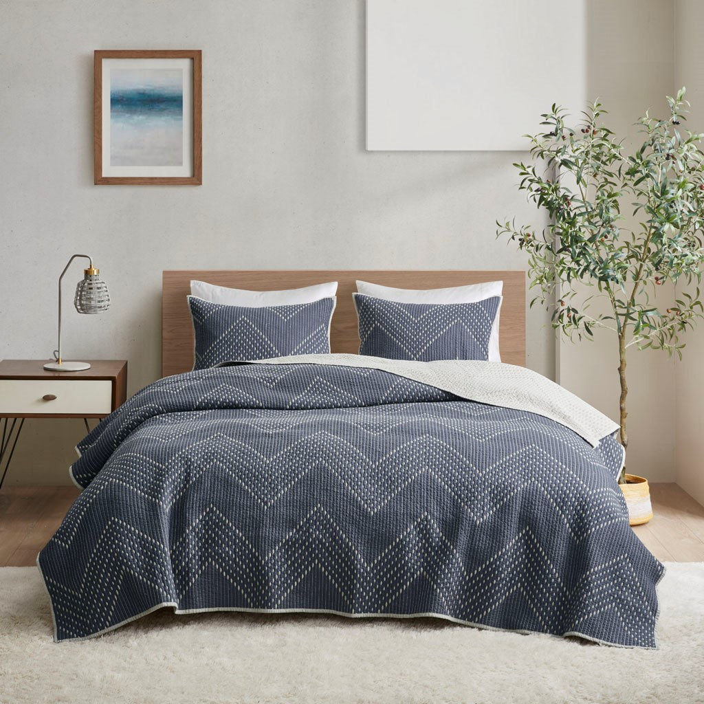 3 Piece Embroidered Cotton Quilt Set Navy King Cal King King Navy Cotton