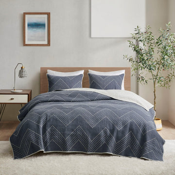 3 Piece Embroidered Cotton Quilt Set Navy King Cal King King Navy Cotton