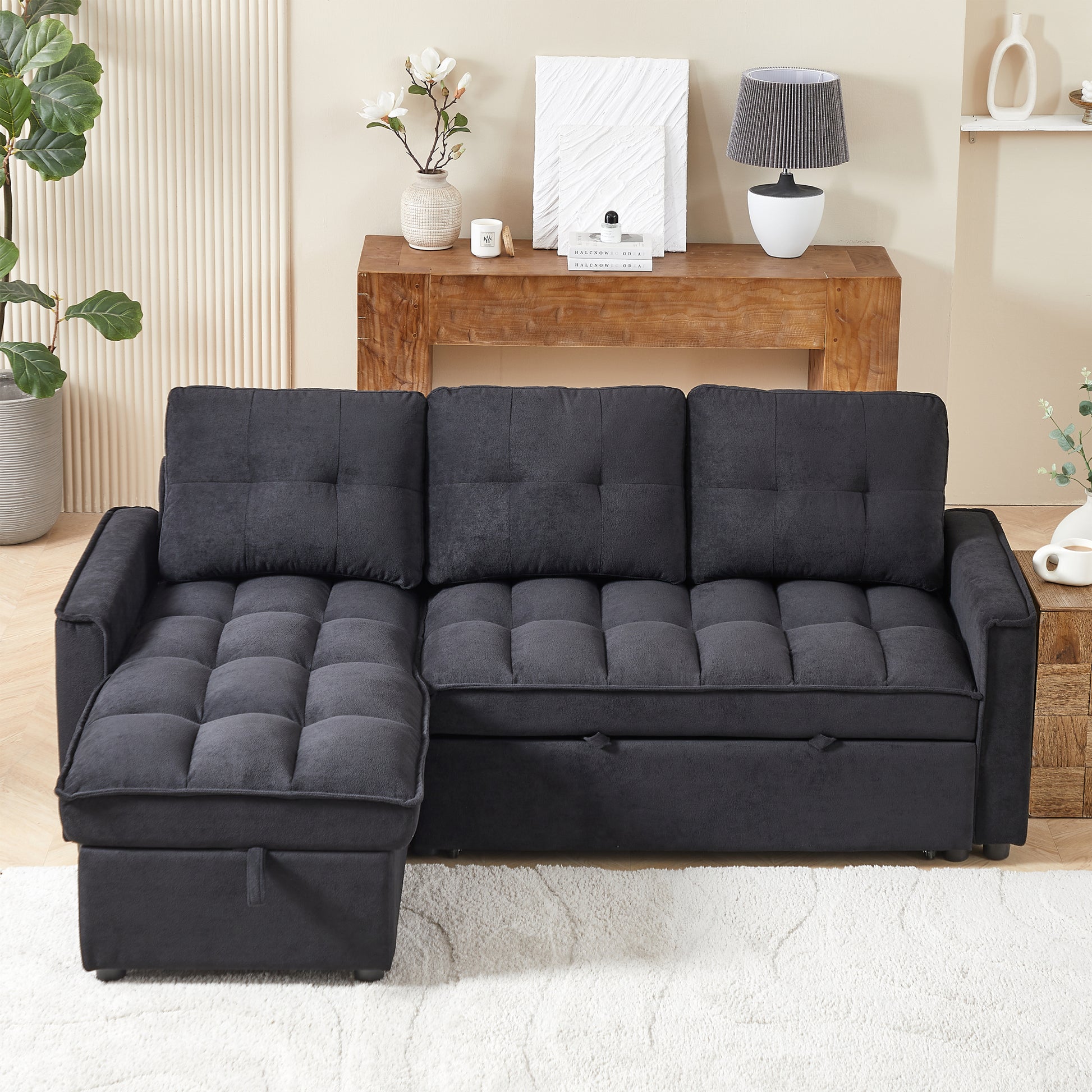 Mh 78.75" Reclining Sofa, Pull Out Sofa Bed With Usb And Tape C Charging Ports, L Shaped Sectional Sofa With Reclining Storage And Arm Side Organizer Pocket Features, Living Room Comfort Sofa Black Chenille Wood Primary Living Space Eucalyptus Foam