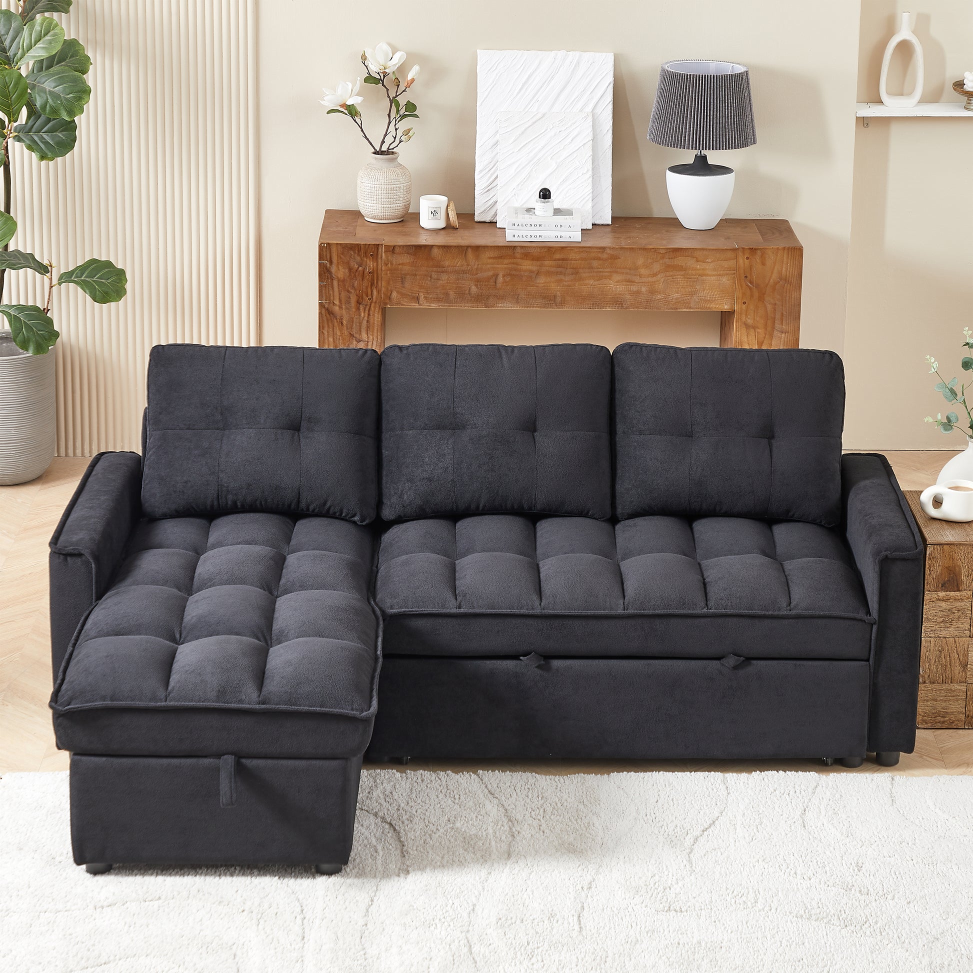 Mh 78.75" Reclining Sofa, Pull Out Sofa Bed With Usb And Tape C Charging Ports, L Shaped Sectional Sofa With Reclining Storage And Arm Side Organizer Pocket Features, Living Room Comfort Sofa Black