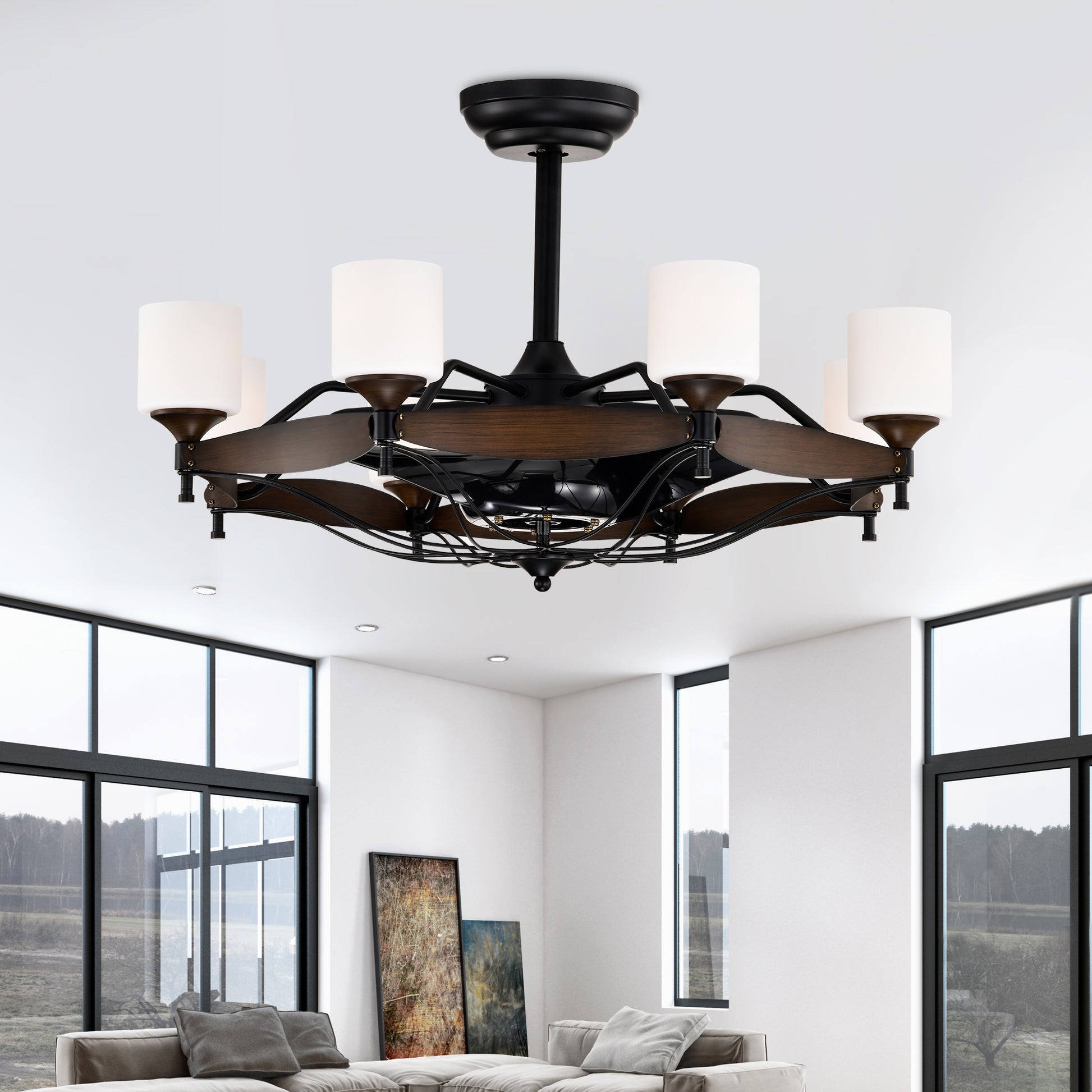 Dia 33 Inch Chandelier Ceiling Fan With Remote Control,Dc Motor ,6 Speed,3 Abs Blades For Bedroom Dining Room Living Room Kitchen Farmhouse Entry,Matte Black Red Wood Grain Wood American Design,American Traditional,Classic,Contemporary,Farmhouse Glass