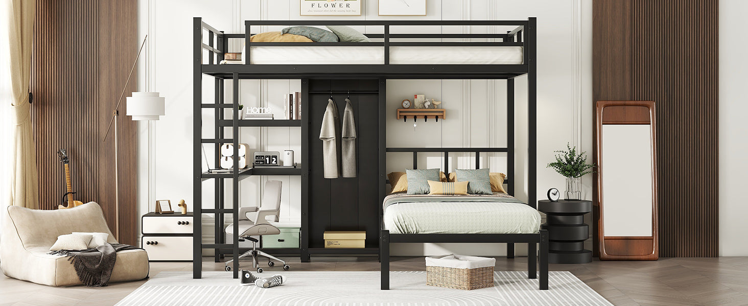 Metal Full Xl Over Twin Bunk Bed With Desk,Bookshelf ,Storage Shelves And Wardrobe,Black Black Metal