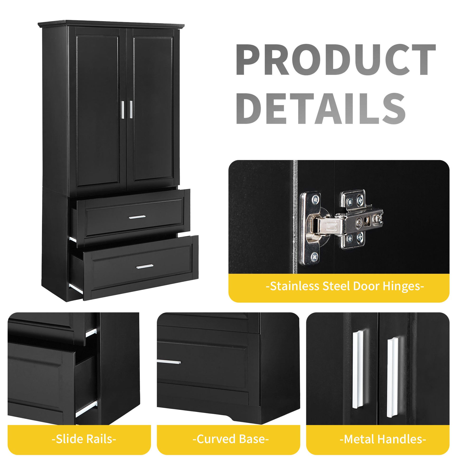 Tall Bathroom Storage Cabinet, Cabinet With Two Doors And Drawers, Adjustable Shelf, Mdf Board, Black Black Mdf