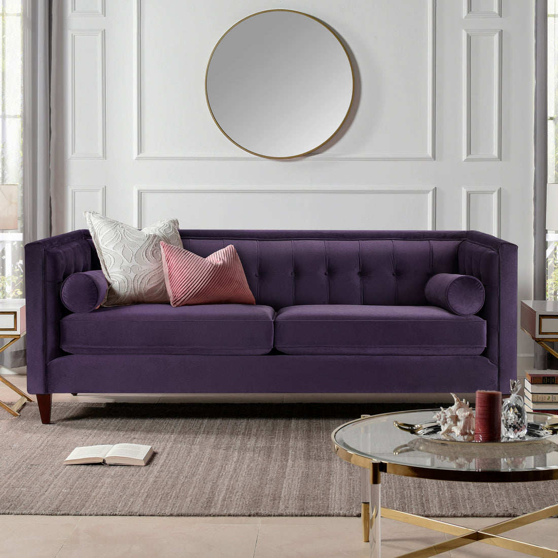 Jack 84" Modern Tuxedo Tufted Sofa, Purple Velvet Purple Foam Velvet 3 Seat