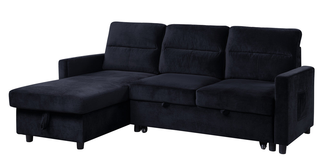 Ivy 81.5" Black Velvet Reversible Sleeper Sectional Sofa With Storage Chaise And Side Pocket Black Velvet