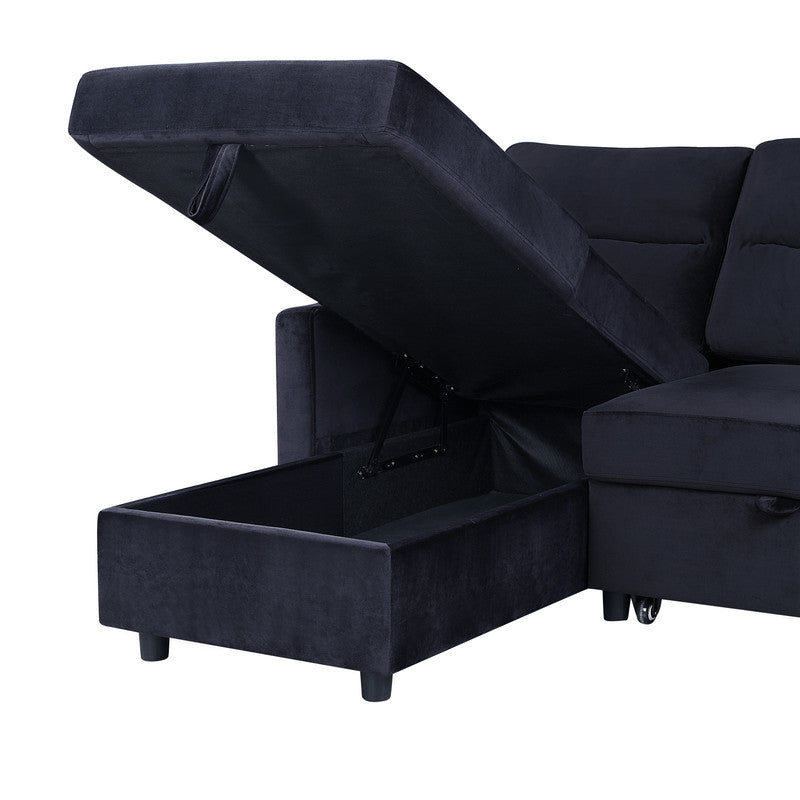 Ivy 81.5" Black Velvet Reversible Sleeper Sectional Sofa With Storage Chaise And Side Pocket Black Velvet