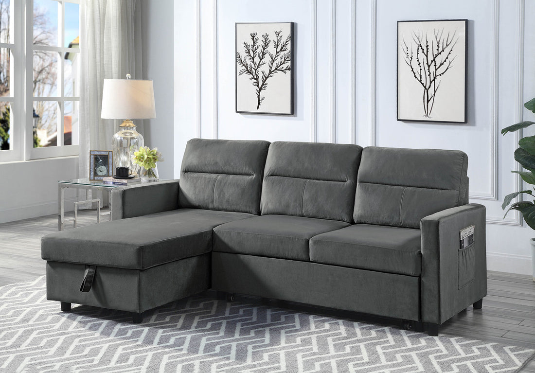 Ivy 81.5" Dark Gray Velvet Reversible Sleeper Sectional Sofa With Storage Chaise And Side Pocket Dark Gray Velvet