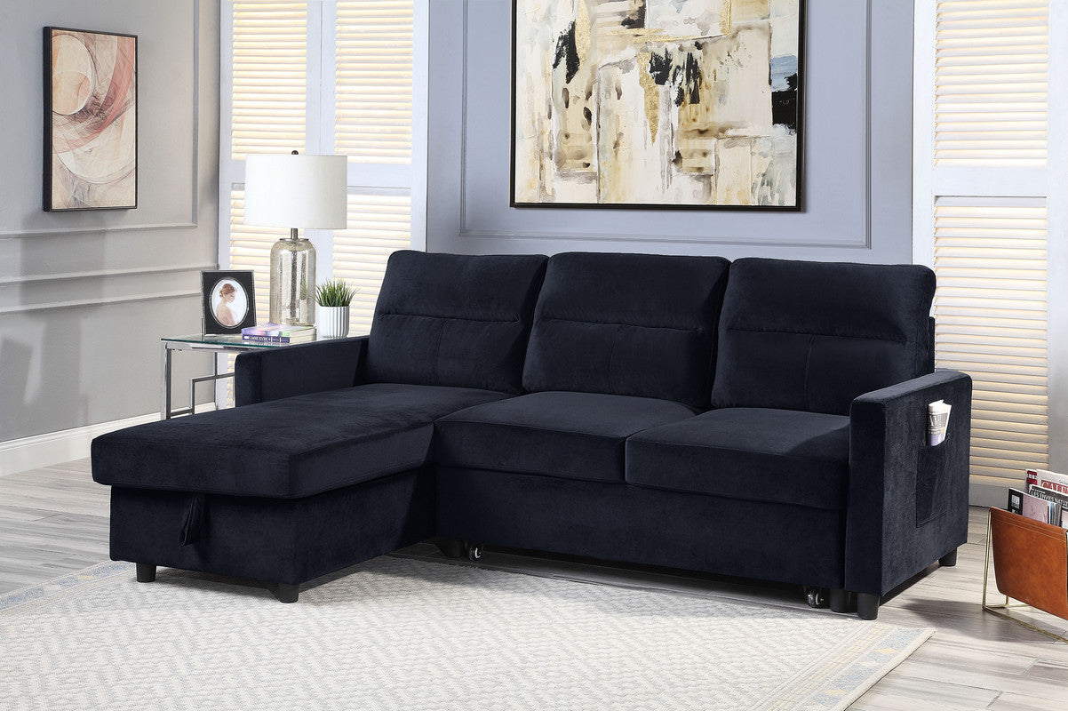 Ivy 81.5" Black Velvet Reversible Sleeper Sectional Sofa With Storage Chaise And Side Pocket Black Velvet