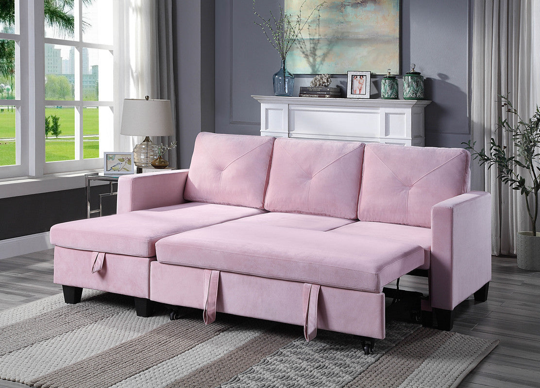 Nova 82.5" Pink Velvet Reversible Sleeper Sectional Sofa With Storage Chaise Pink Velvet