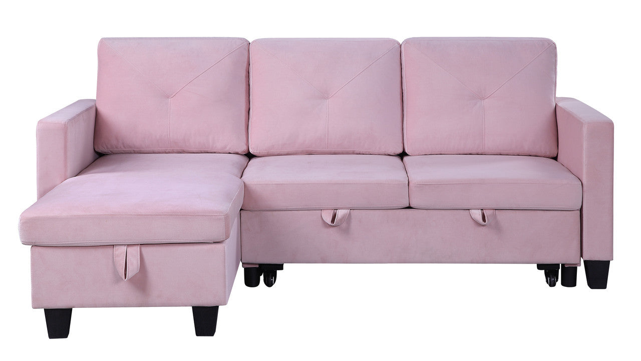 Nova 82.5" Pink Velvet Reversible Sleeper Sectional Sofa With Storage Chaise Pink Velvet