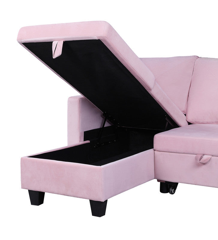 Nova 82.5" Pink Velvet Reversible Sleeper Sectional Sofa With Storage Chaise Pink Velvet