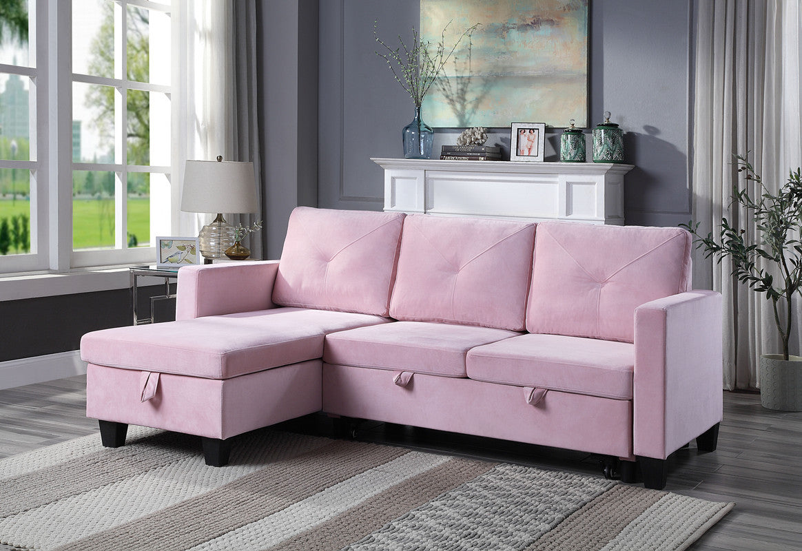 Nova 82.5" Pink Velvet Reversible Sleeper Sectional Sofa With Storage Chaise Pink Velvet