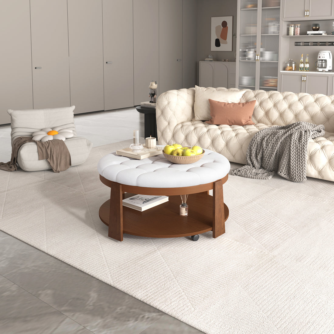 Modern Large Round Ottoman Coffee Table 2 Tier Oversized Button Tufted Ottoman With Wood Shelf Storage Upholstered Coffee Table For Living Room Footrest Ottoman With Wheel, Waterproof Linen Ivory White Rubber Wood