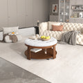 Modern Large Round Ottoman Coffee Table 2 Tier Oversized Button Tufted Ottoman With Wood Shelf Storage Upholstered Coffee Table For Living Room Footrest Ottoman With Wheel, Waterproof Linen Ivory White Rubber Wood