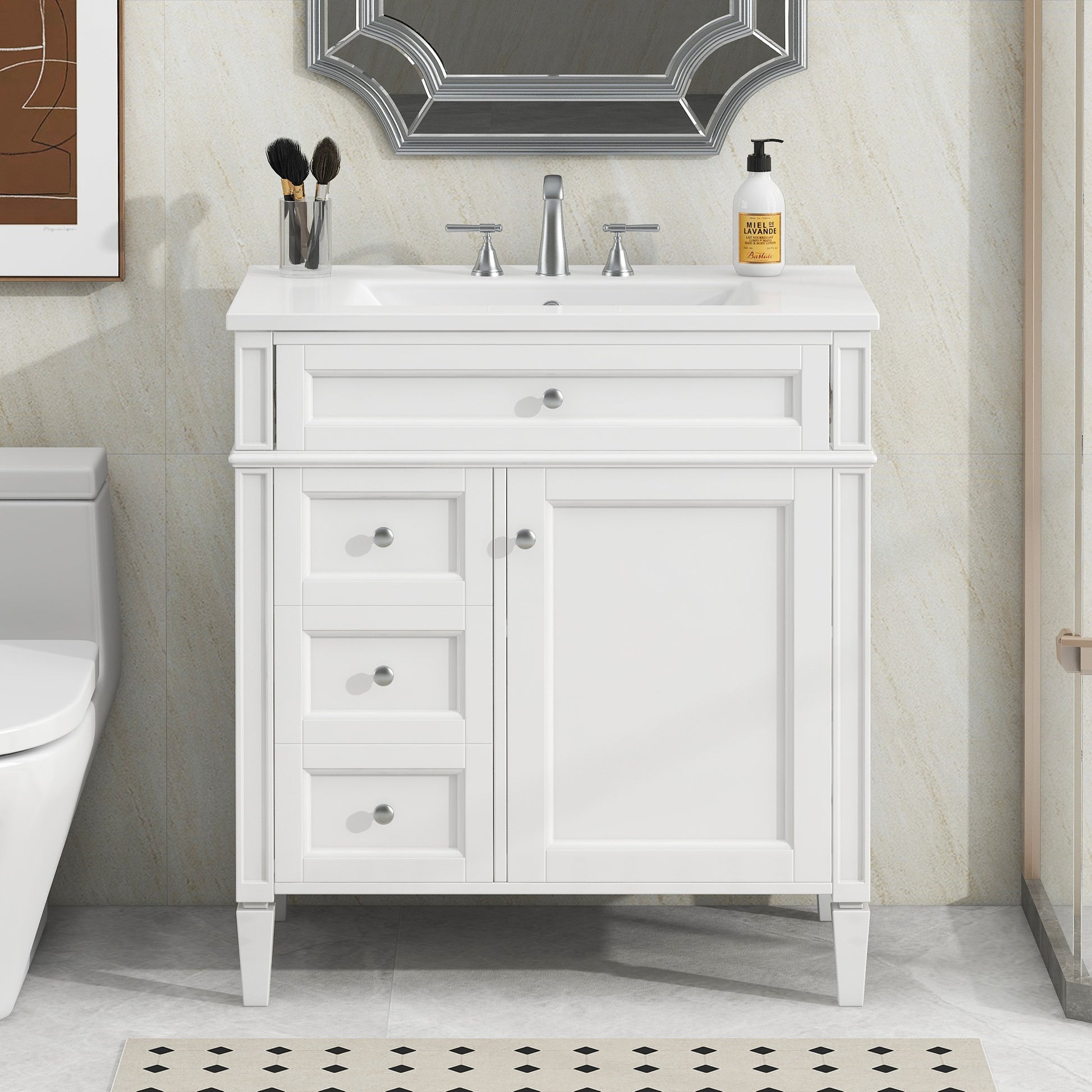 30'' Bathroom Vanity With Top Sink, Modern Bathroom Storage Cabinet With 2 Drawers And A Tip Out Drawer, Single Sink Bathroom Vanity White Bathroom Modern Mdf Ceramic,Solid Wood Mdf