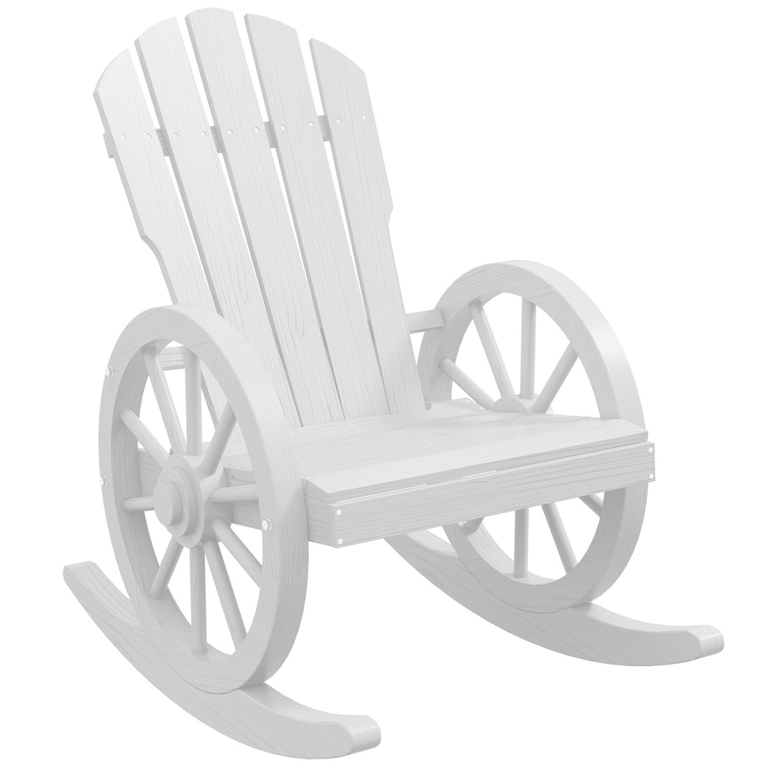 Outsunny Wooden Rocking Chair, Adirondack Rocker Chair W Slatted Design And Oversized Back, Outdoor Rocking Chair With Wagon Wheel Armrest For Porch, Poolside, And Garden, White White Wood