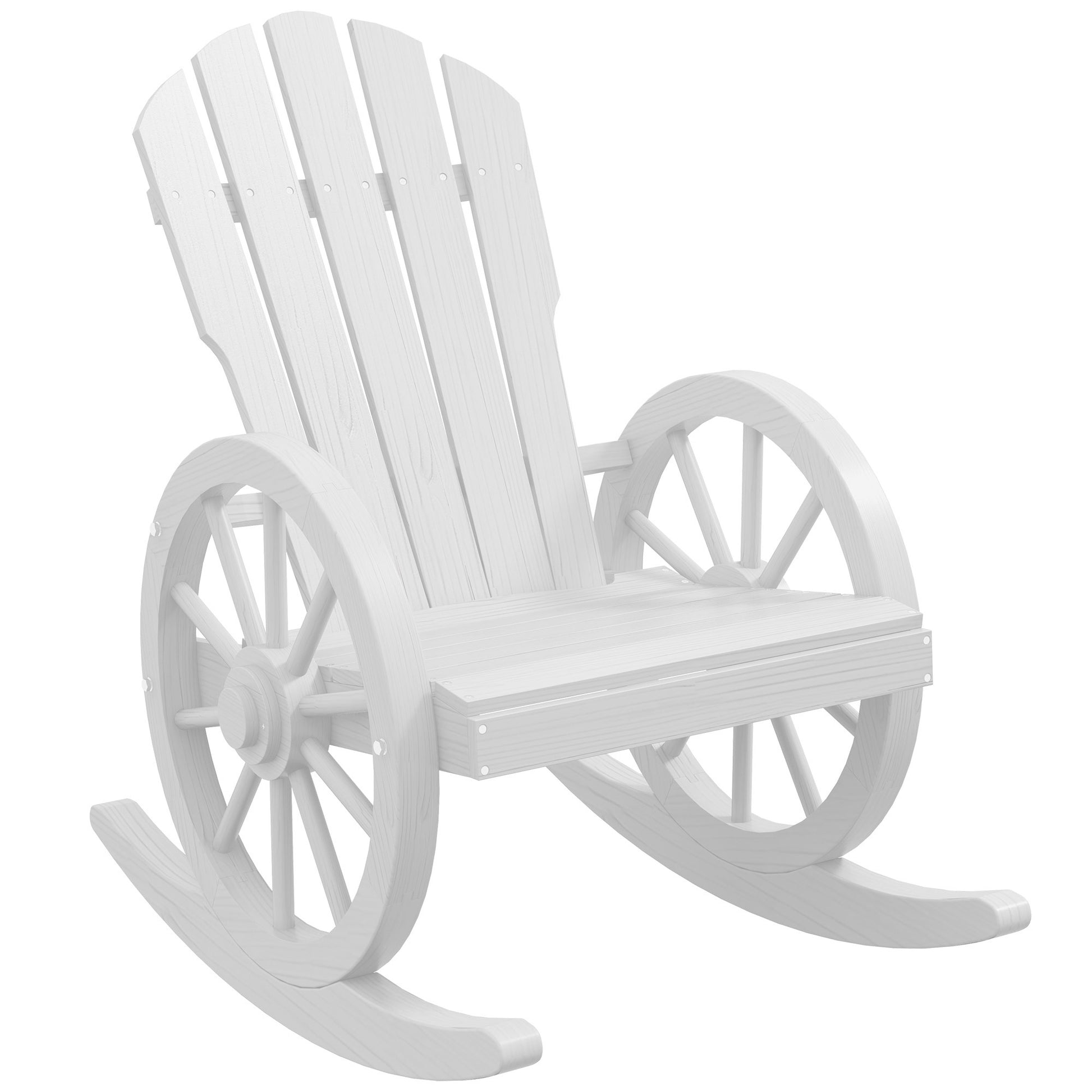 Outsunny Wooden Rocking Chair, Adirondack Rocker Chair W Slatted Design And Oversized Back, Outdoor Rocking Chair With Wagon Wheel Armrest For Porch, Poolside, And Garden, White White Wood