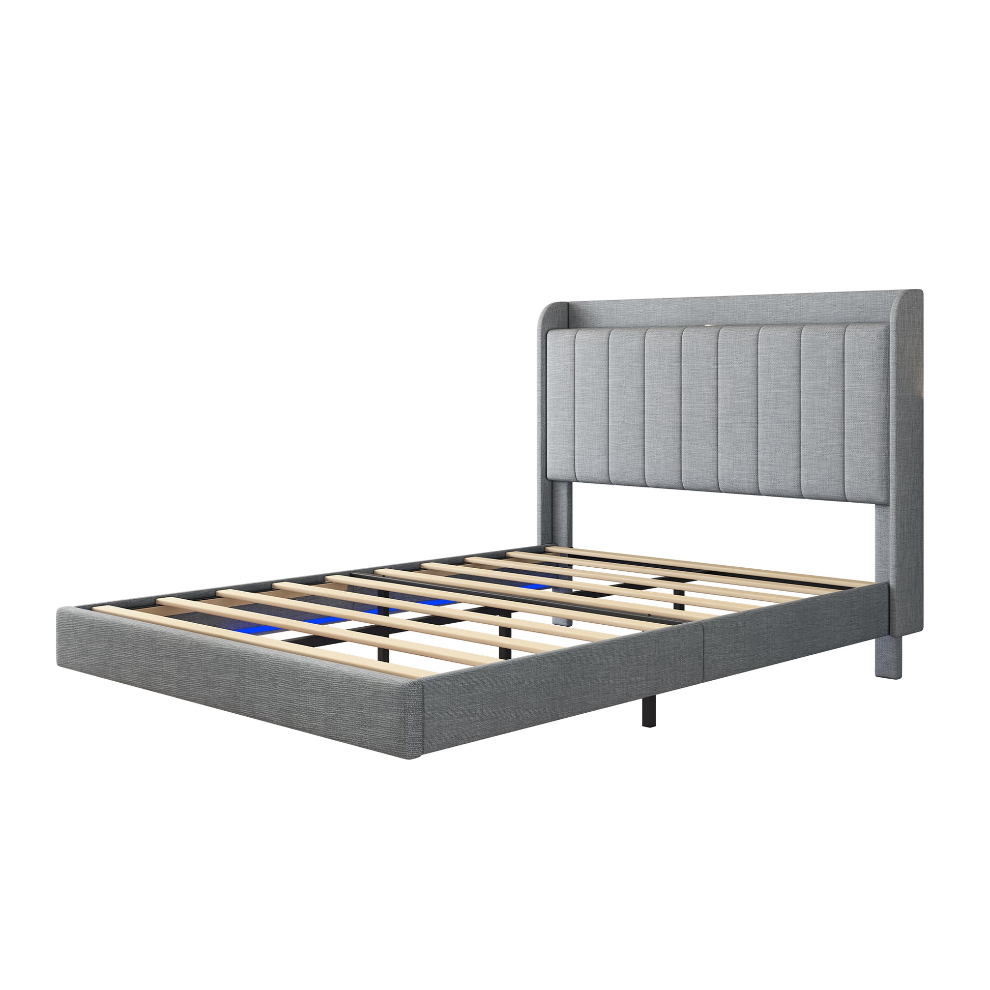 Full Size Floating Bed Frame,With Remote Control Led Lights With Appwood Platform Light Grey Full Light Grey Fabric Metal