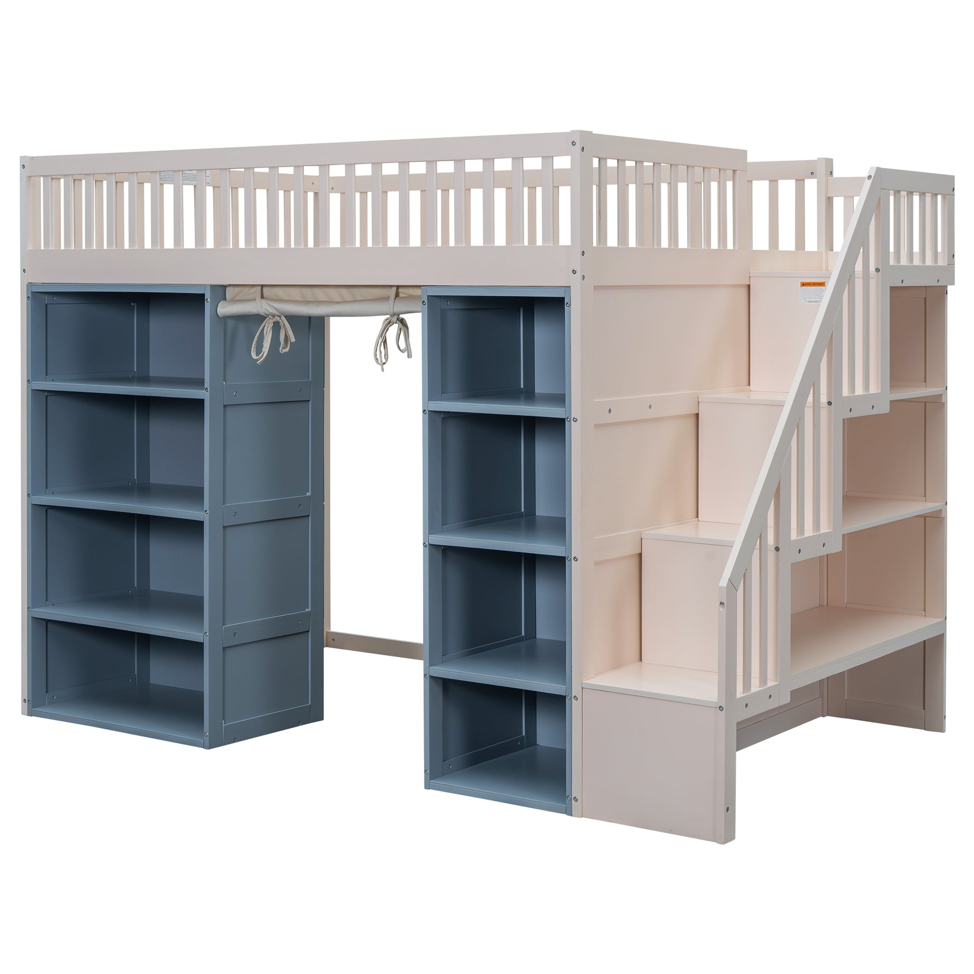 Full Size Loft Bed With 2 Four Layer Storage Cabinets And Curtain,White Blue White Solid Wood Mdf