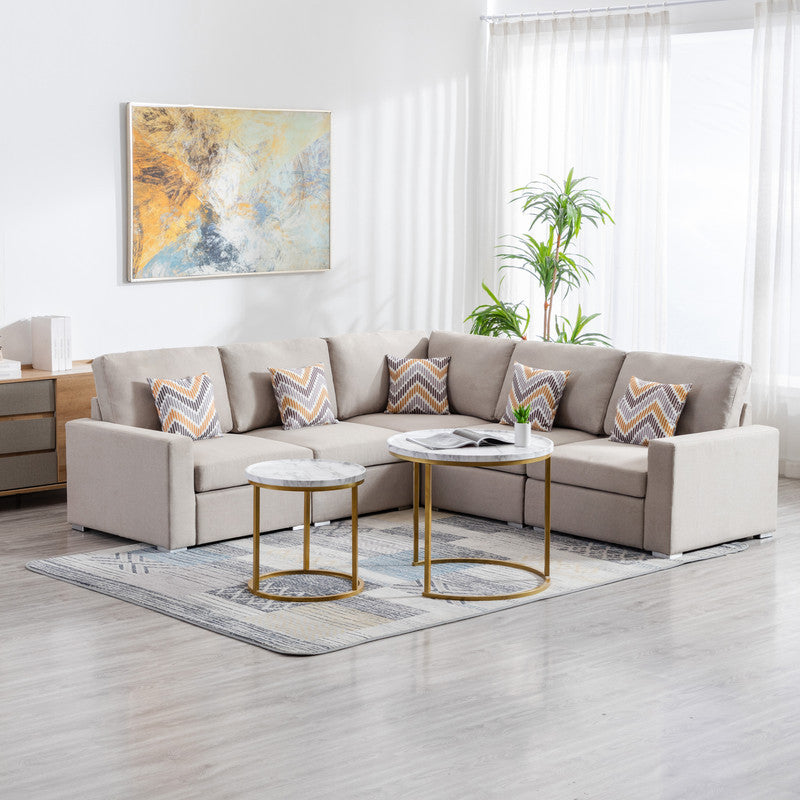 Nolan 95.5" Beige Linen Fabric 5Pc Reversible Sectional Sofa With Pillows And Interchangeable Legs Beige Linen