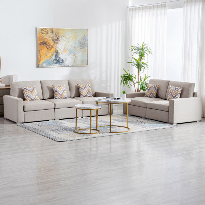 Nolan 95.5" Beige Linen Fabric Sofa And Loveseat Living Room Set With Pillows And Interchangeable Legs Beige Linen