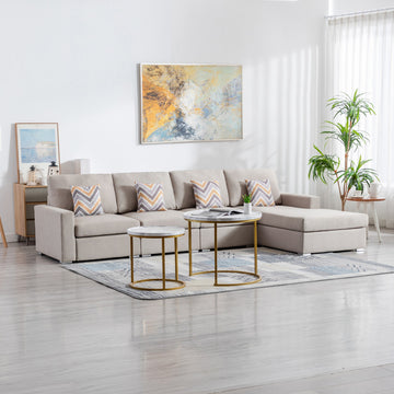 Nolan 124" Beige Linen Fabric 4Pc Reversible Sectional Sofa Chaise With Pillows And Interchangeable Legs Beige Linen