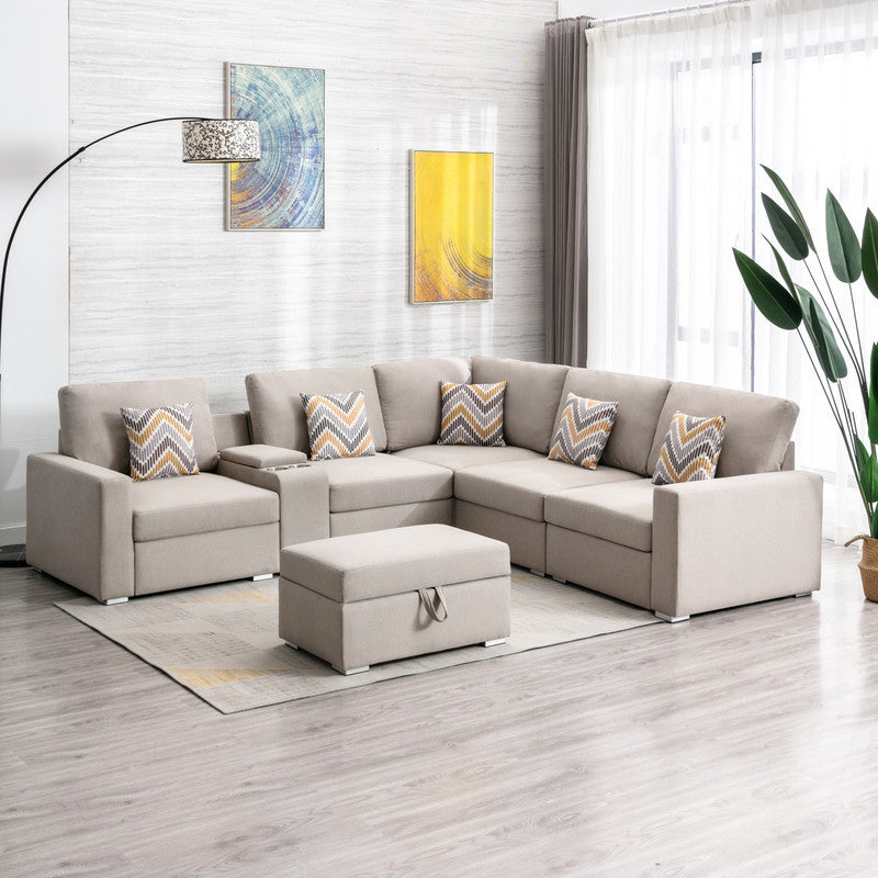 Nolan 106" Beige Linen Fabric 7Pc Reversible Sectional Sofa With Interchangeable Legs, Pillows, Storage Ottoman, And A Usb, Charging Ports, Cupholders, Storage Console Table Beige Linen