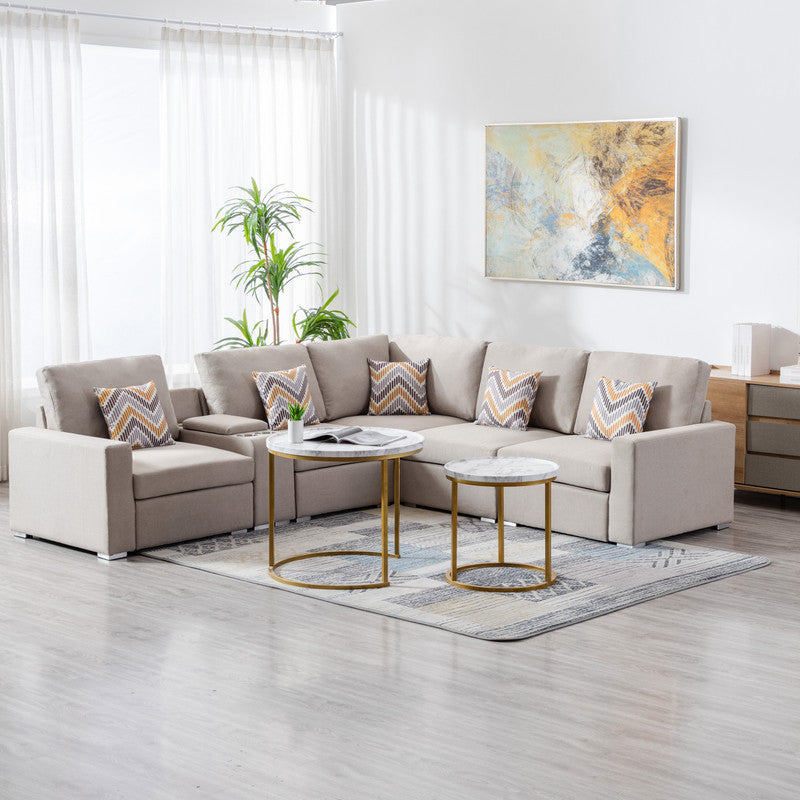 Nolan 106" Beige Linen Fabric 6Pc Reversible Sectional Sofa With A Usb, Charging Ports, Cupholders, Storage Console Table And Pillows And Interchangeable Legs Beige Linen