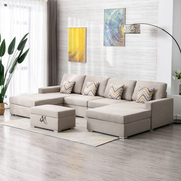 Nolan 124" Beige Linen Fabric 5Pc Double Chaise Sectional Sofa With Interchangeable Legs, Storage Ottoman, And Pillows Beige Linen