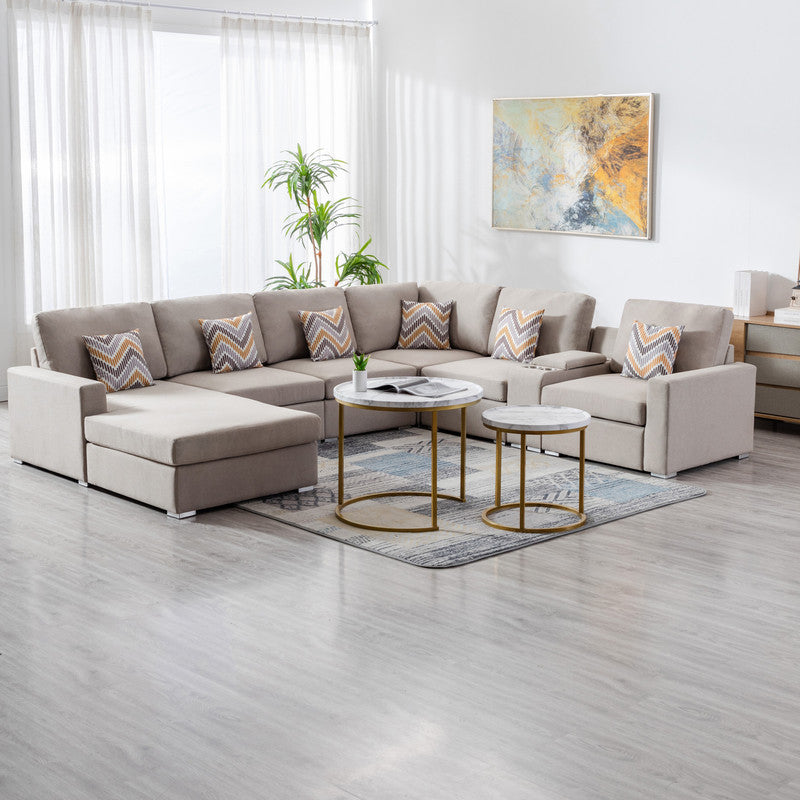 Nolan 124" Beige Linen Fabric 7Pc Reversible Chaise Sectional Sofa With A Usb, Charging Ports, Cupholders, Storage Console Table And Pillows And Interchangeable Legs Beige Linen