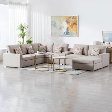 Nolan 135" Beige Linen Fabric 7Pc Reversible Chaise Sectional Sofa With A Usb, Charging Ports, Cupholders, Storage Console Table And Pillows And Interchangeable Legs Beige Linen