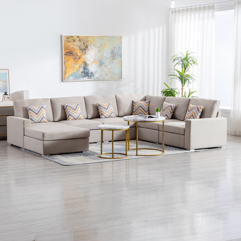 Nolan 124" Beige Linen Fabric 6Pc Reversible Chaise Sectional Sofa With Pillows And Interchangeable Legs Beige Linen