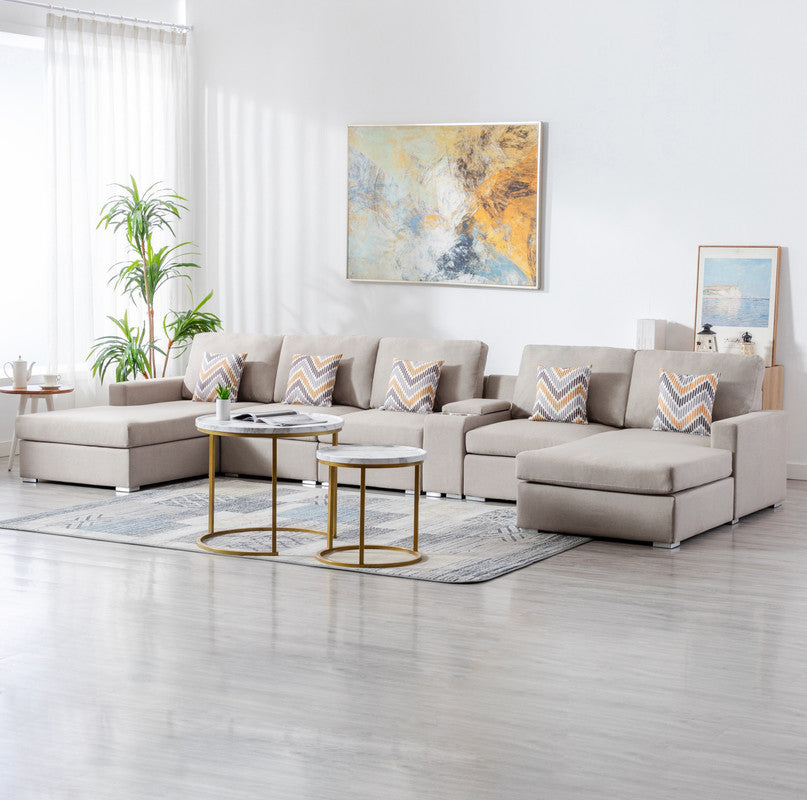 Nolan 163" Beige Linen Fabric 6Pc Double Chaise Sectional Sofa With Interchangeable Legs, A Usb, Charging Ports, Cupholders, Storage Console Table And Pillows Beige Linen